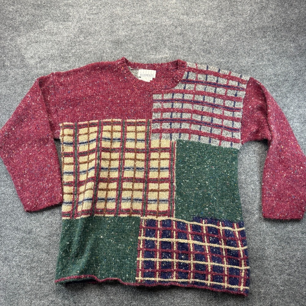 Vintage Casual Elements Patchwork Sweater Womens Large Multi Ramie Blend Flecked